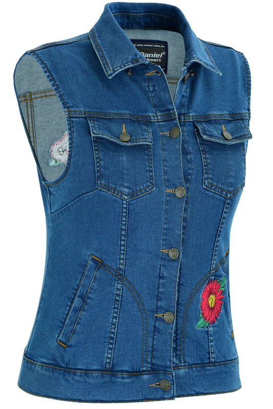 DM944 Women's Blue Denim Snap Front Vest with Red Daisy Daniel Smart Manufacturing