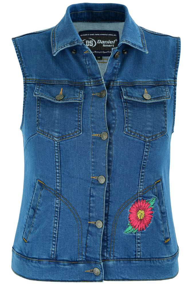 DM944 Women's Blue Denim Snap Front Vest with Red Daisy Daniel Smart Manufacturing