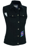 DM945 Women's Black Denim Snap Front Vest with Purple Daisy Daniel Smart Manufacturing