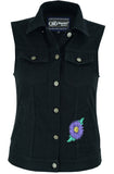 DM945 Women's Black Denim Snap Front Vest with Purple Daisy Daniel Smart Manufacturing