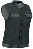 DM963 Women's Rough Rub-Off Raw Finish Denim Vest W/Leather Trim Daniel Smart Manufacturing