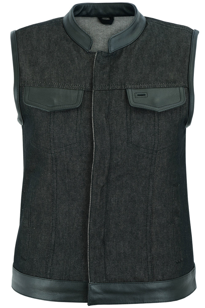 DM963 Women's Rough Rub-Off Raw Finish Denim Vest W/Leather Trim Daniel Smart Manufacturing