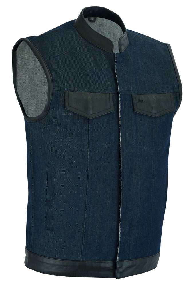 DM961 Men's Broken Blue RoughRub-Off Raw Finish Denim Vest W/Leather Daniel Smart Manufacturing