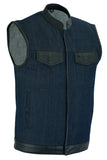 DM961 Men's Broken Blue RoughRub-Off Raw Finish Denim Vest W/Leather Daniel Smart Manufacturing