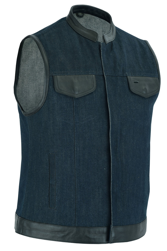 DM964 Women's Broken Blue Rough Rub-Off Raw Finish Denim Vest W/Leath Daniel Smart Manufacturing