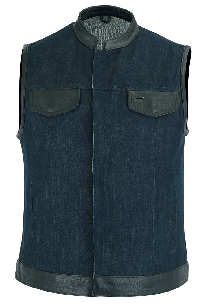 DM964 Women's Broken Blue Rough Rub-Off Raw Finish Denim Vest W/Leath Daniel Smart Manufacturing