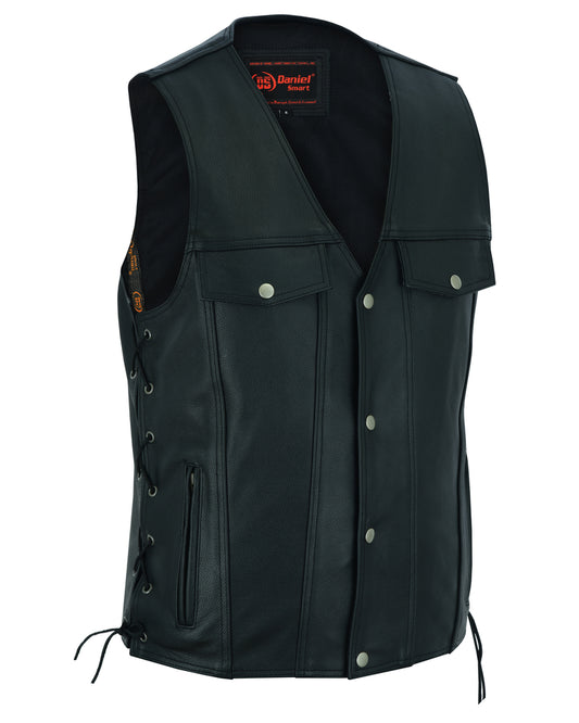 DS124 Men's Black Leather Vest with Side Laces and Gun Pockets Daniel Smart Manufacturing