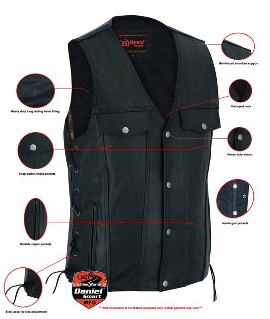 DS124 Men's Black Leather Vest with Side Laces and Gun Pockets Daniel Smart Manufacturing