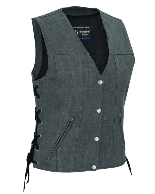 DM919 Women's Rough Rub-Off Raw Finish Broken Gray Denim Vest Daniel Smart Manufacturing