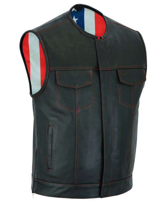 DS155 Men's Leather Vest with Red Stitching and USA Inside Flag Linin Daniel Smart Manufacturing