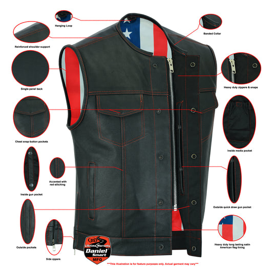 DS155 Men's Leather Vest with Red Stitching and USA Inside Flag Linin Daniel Smart Manufacturing