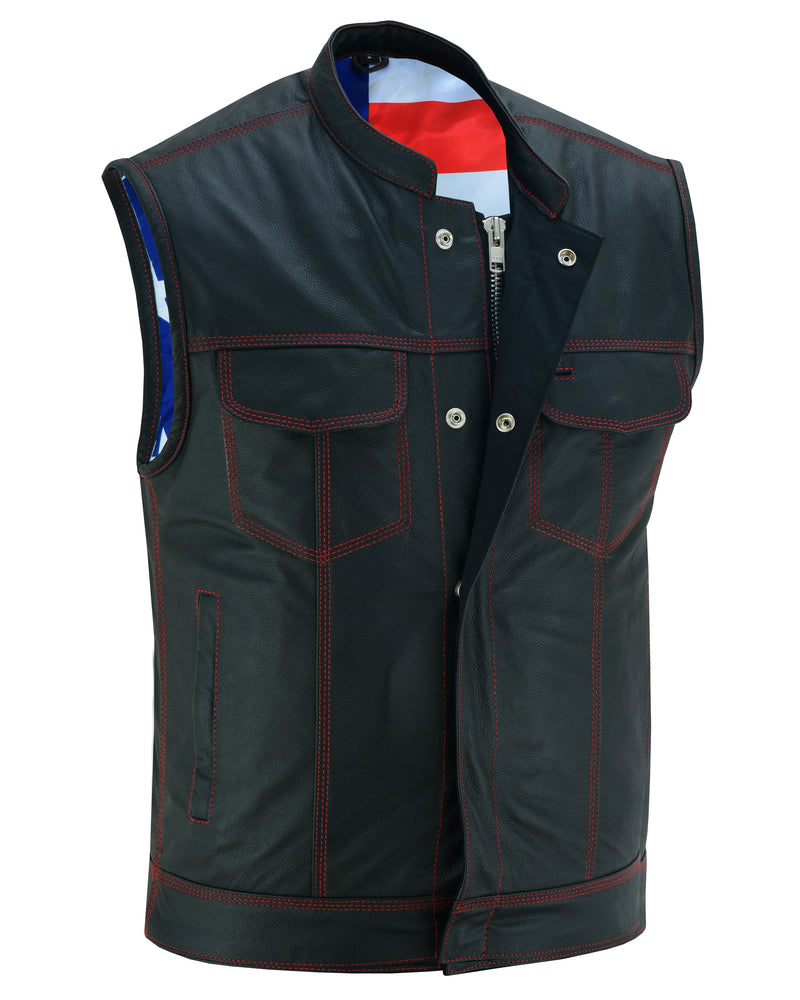 DS165 MEN'S LEATHER VEST WITH RED STITCHING AND USA INSIDE FLAG LININ Daniel Smart Manufacturing