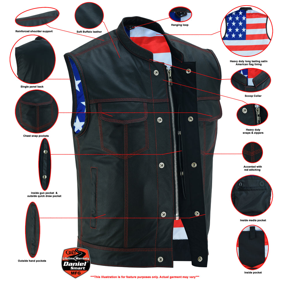 DS165 MEN'S LEATHER VEST WITH RED STITCHING AND USA INSIDE FLAG LININ Daniel Smart Manufacturing