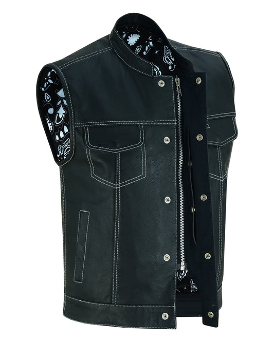 DS164 Men's Paisley Black Leather Motorcycle Vest with White Stitchin Daniel Smart Manufacturing