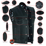 DS164 Men's Paisley Black Leather Motorcycle Vest with White Stitchin Daniel Smart Manufacturing