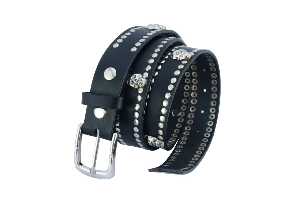 BLT2018 Black Leather Belt with Silver Studs and Skulls Daniel Smart Manufacturing