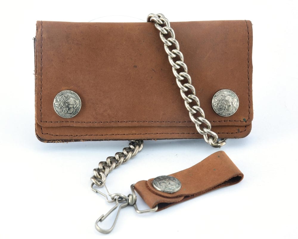 BWC231 Buffalo Nickel Snap Brown Leather Long Bi-Fold Biker Wallet - Daniel Smart Manufacturing