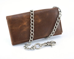 BWC234 Brown Long Bi-Fold Biker Leather Chain Wallet - Daniel Smart Manufacturing