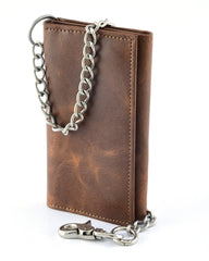 BWC234 Brown Long Bi-Fold Biker Leather Chain Wallet - Daniel Smart Manufacturing