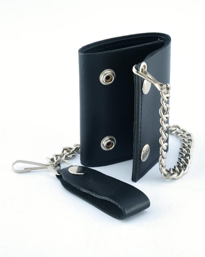 BWC235 Black Tri-Fold Genuine Leather Wallet with Chain - Daniel Smart Manufacturing