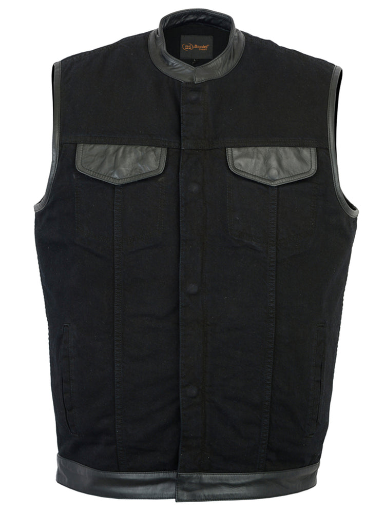 DM992 Men's Black Denim Single Panel Concealment Vest W/ Leather Trim Daniel Smart Manufacturing