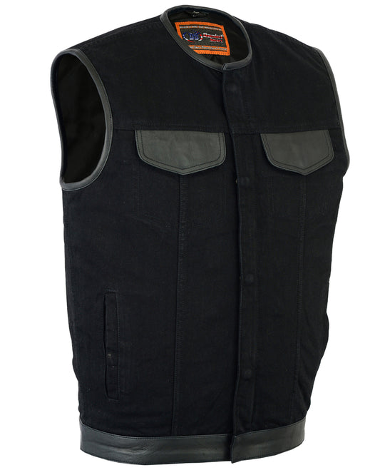 DM991 Men's Black Denim Single Panel Concealment Vest W/Leather Trim- Daniel Smart Manufacturing