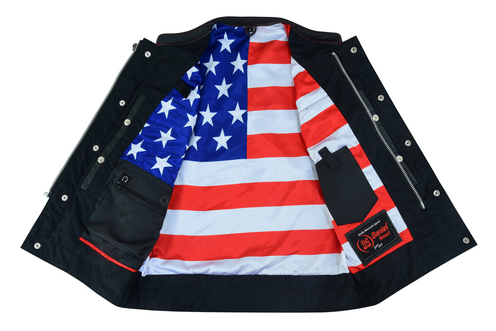 DS165 MEN'S LEATHER VEST WITH RED STITCHING AND USA INSIDE FLAG LININ Daniel Smart Manufacturing