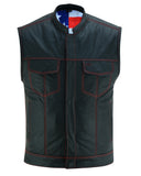 DS165 MEN'S LEATHER VEST WITH RED STITCHING AND USA INSIDE FLAG LININ Daniel Smart Manufacturing