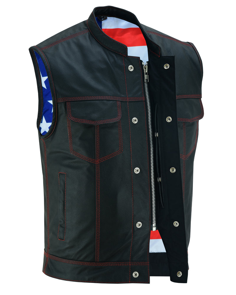 DS165 MEN'S LEATHER VEST WITH RED STITCHING AND USA INSIDE FLAG LININ Daniel Smart Manufacturing