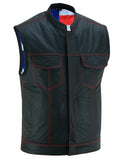 DS165 MEN'S LEATHER VEST WITH RED STITCHING AND USA INSIDE FLAG LININ Daniel Smart Manufacturing