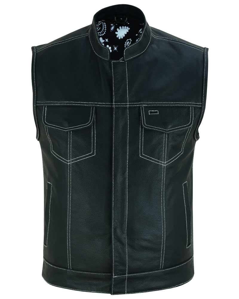 DS164 Men's Paisley Black Leather Motorcycle Vest with White Stitchin Daniel Smart Manufacturing