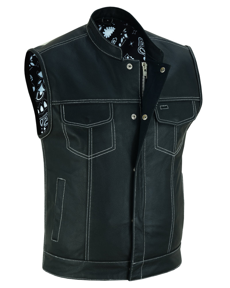 DS164 Men's Paisley Black Leather Motorcycle Vest with White Stitchin Daniel Smart Manufacturing