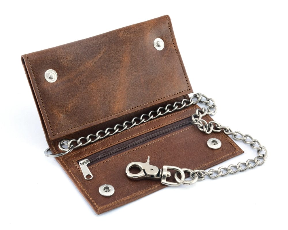 BWC234 Brown Long Bi-Fold Biker Leather Chain Wallet - Daniel Smart Manufacturing