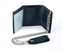 BWC235 Black Tri-Fold Genuine Leather Wallet with Chain - Daniel Smart Manufacturing