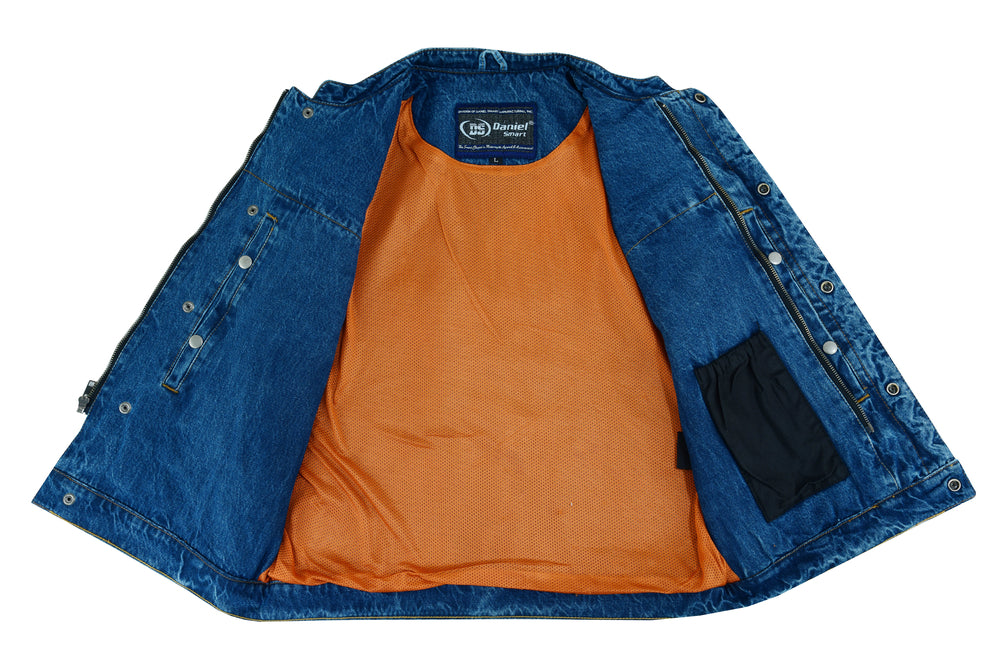 DM989BU Concealed Snap Closure, Denim Material, Scoop Collar & Hidden Daniel Smart Manufacturing