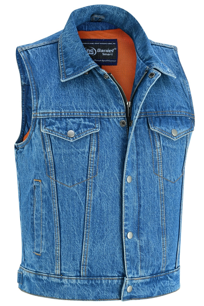 DM979BU Snap/Zipper Front Denim Vest- Blue Daniel Smart Manufacturing