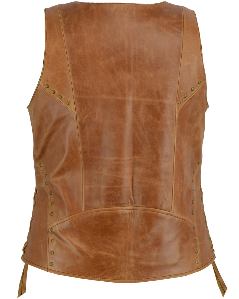 DS236 Women's Brown Zippered Vest with Lacing Details Daniel Smart Manufacturing