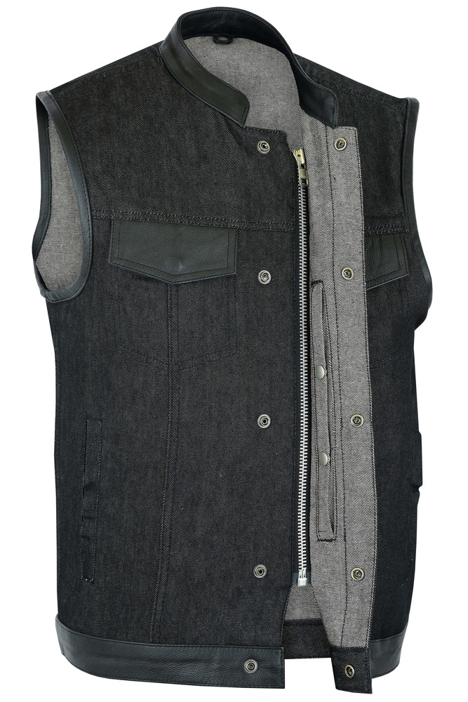 DM962 Men's Rough Rub-Off Raw Finish Denim Vest W/Leather Trim - Scoo Daniel Smart Manufacturing