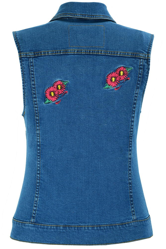 DM944 Women's Blue Denim Snap Front Vest with Red Daisy Daniel Smart Manufacturing