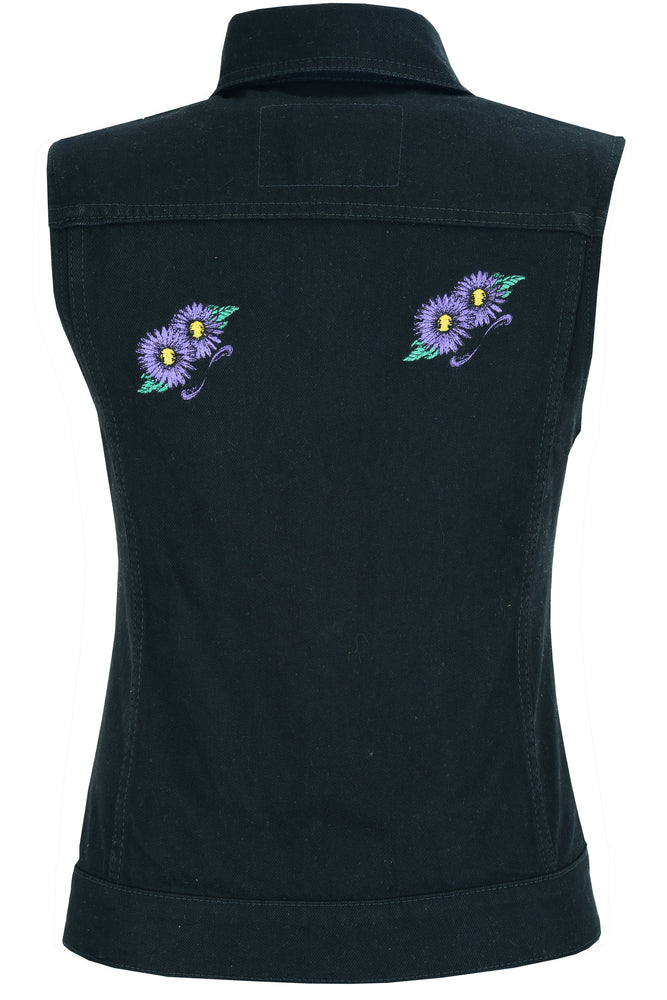 DM945 Women's Black Denim Snap Front Vest with Purple Daisy Daniel Smart Manufacturing