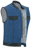 DM961 Men's Broken Blue RoughRub-Off Raw Finish Denim Vest W/Leather