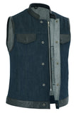 DM964 Women's Broken Blue Rough Rub-Off Raw Finish Denim Vest W/Leath Daniel Smart Manufacturing