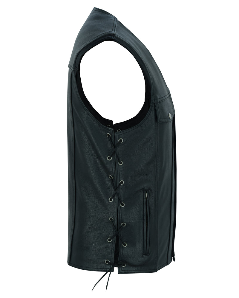 DS124 Men's Black Leather Vest with Side Laces and Gun Pockets Daniel Smart Manufacturing