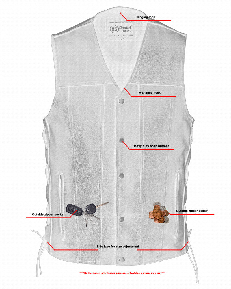 DS161TALL Men's Tall Classic Tapered Bottom Biker Leather Vest Daniel Smart Manufacturing