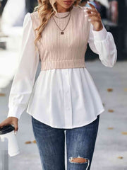 Contrast Round Neck Puff Sleeve Blouse - Flyclothing LLC