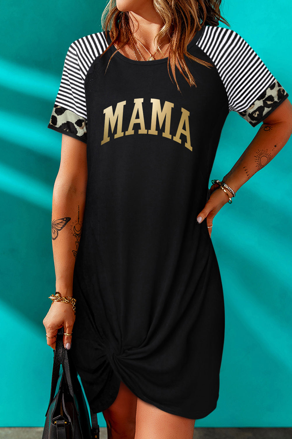 MAMA Graphic Striped Raglan Sleeve Twisted Dress - Black / S