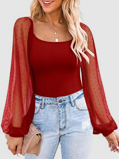 Polka Dot Square Neck Lantern Sleeve Blouse - Flyclothing LLC