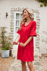 Ruffle Trim Tie Neck Flounce Sleeve Tiered Dress - Flyclothing LLC