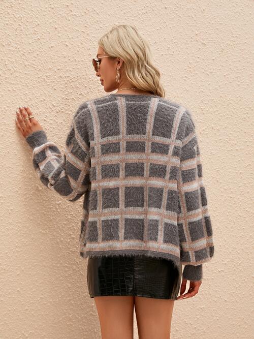 Open Front Plaid Long Sleeve Cardigan - Flyclothing LLC