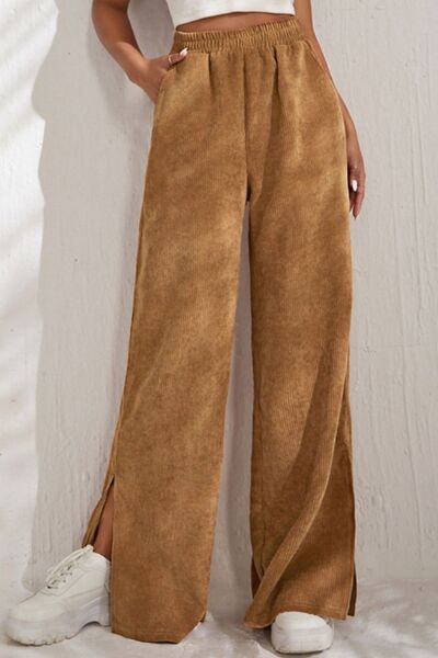 Slit Pocketed High Waist Wide Leg Pants - Flyclothing LLC